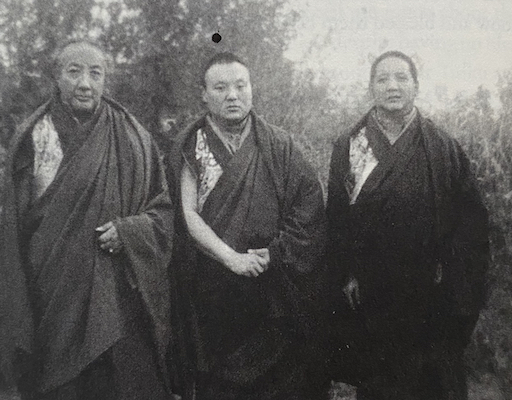 Dilgo Khyentse Rinpoche, Khamtrul Rinpoche, and Neten Chokling Rinpoche in Benuri, Kangra Valley, in 1964